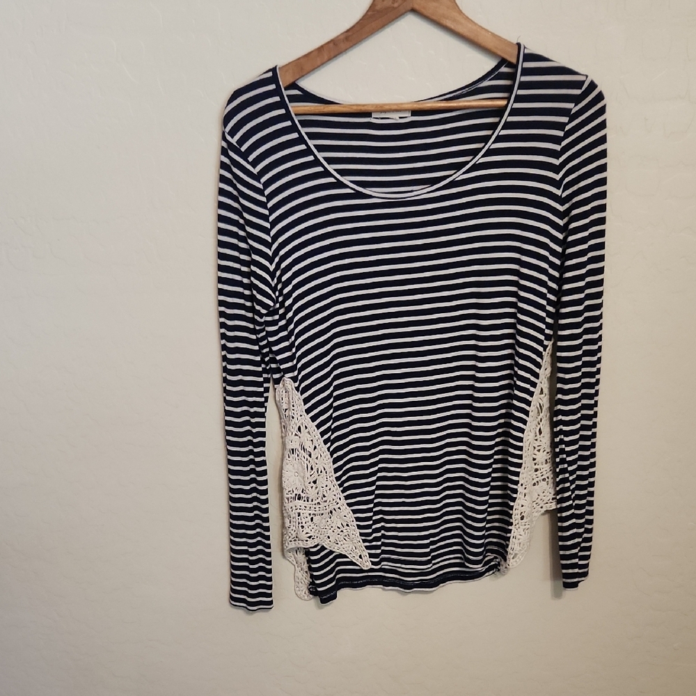 Paper Tee Navy and White Striped Top with Crochet Accents